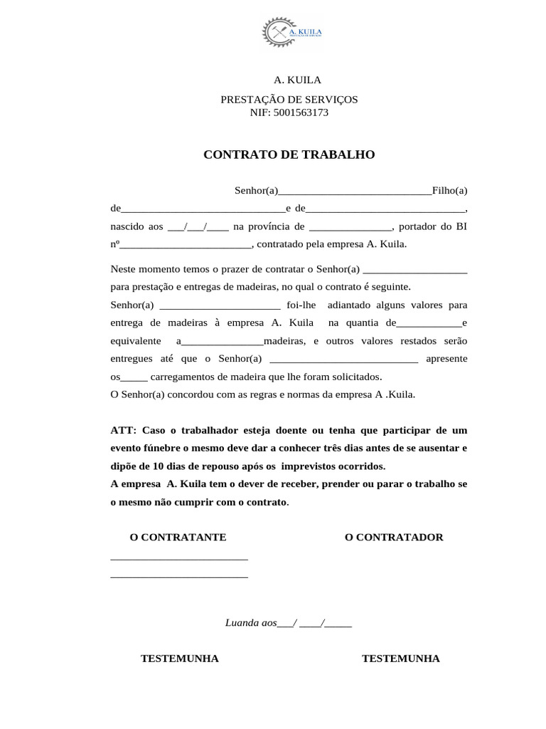Contrato de Trabalho A. Kuila - Prestação de Serviços | PDF