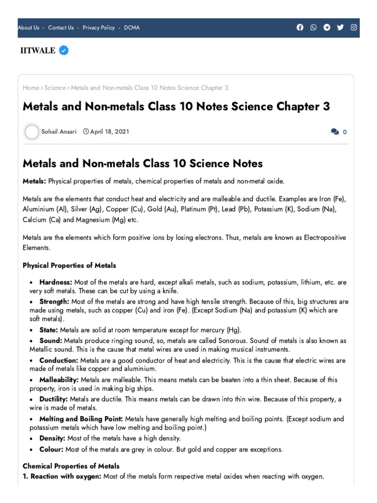 Chapter 3 Metals and Non-metals Notes | PDF | Ion | Chemical Compounds