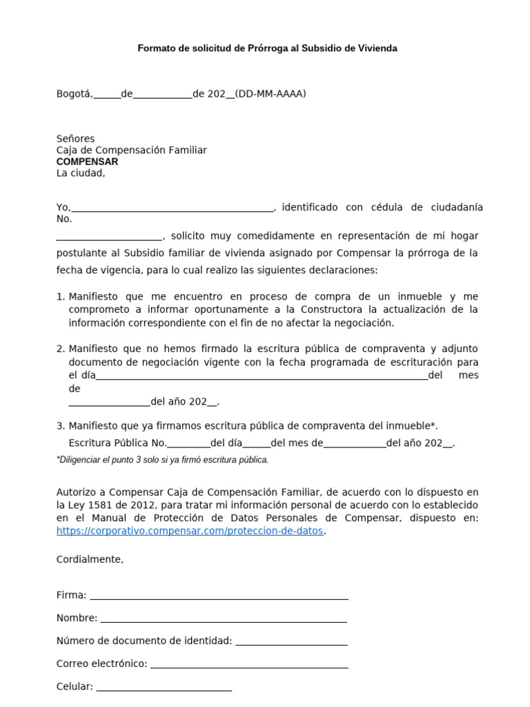 Solicitud de Prórroga Subsidio Vivienda | PDF