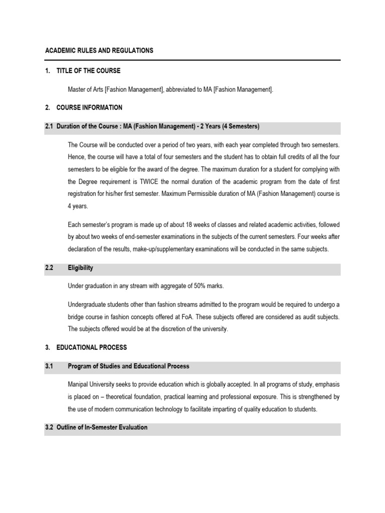 MA Fashion Management Course Regulations | PDF | Thesis | Academic Degree