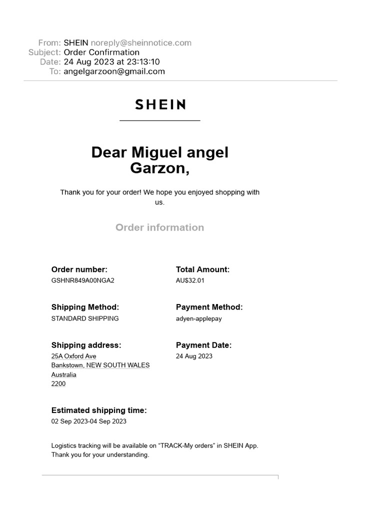 SHEIN Order Confirmation - AU$32.01 | PDF | Banking Technology | Payments