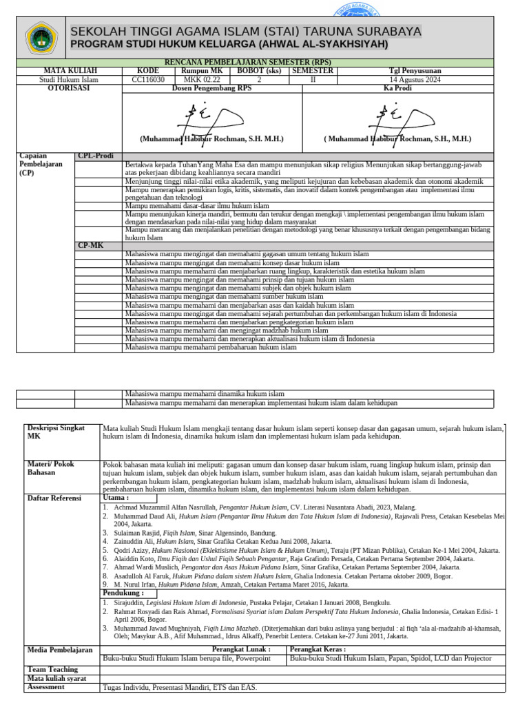 Contoh Format Rps Studi Hukum Islam Stai Taruna 2024-2025 | PDF