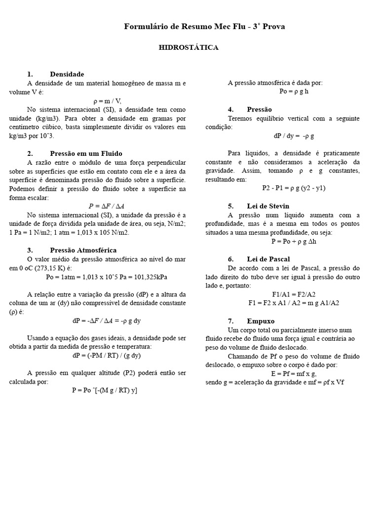 Formulário de Resumo Mec Flu | PDF | Pressão | Tensão superficial