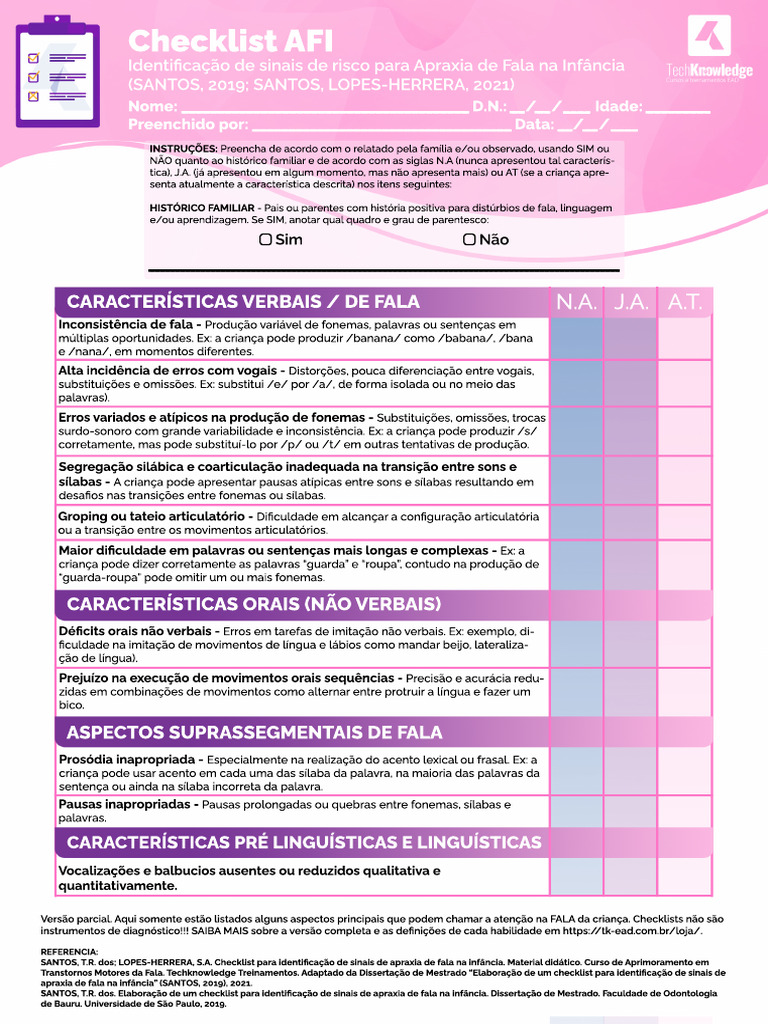 Checklist AFI Identificacao de Sinais de Risco para Apraxia de Fala Na ...