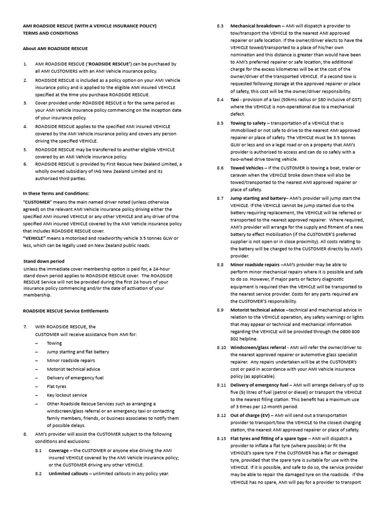 AMI Roadside Rescue Terms & Conditions | PDF | Vehicle Insurance ...