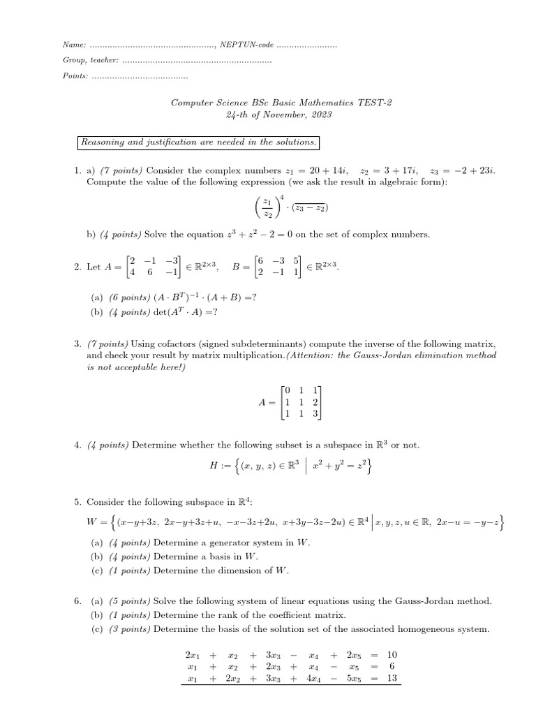 Complex Math Test for BSc Students | PDF | System Of Linear Equations ...