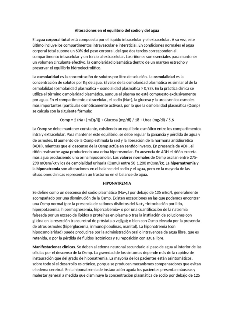 Alteraciones en El Equilibrio Del Sodio y Del Agua | PDF | Sodio | Potasio