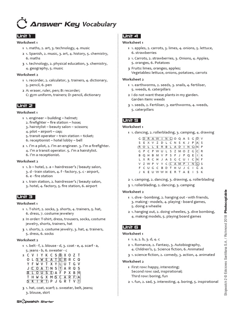 Vocabulary Answer Key for Worksheets | PDF