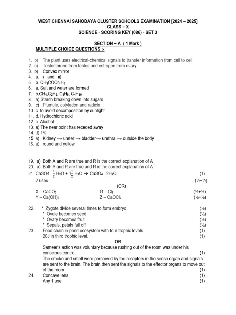 STD - 10 Science Scoring Key - Set 3 | PDF