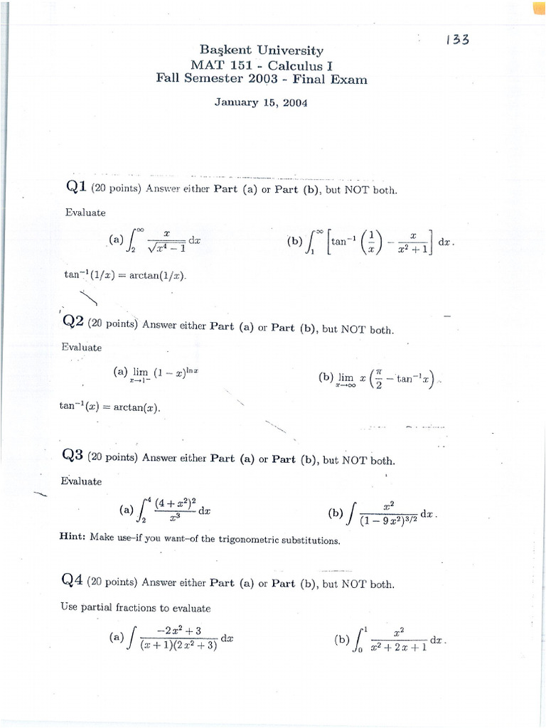 MAT151 - Past Final Exam 1 | PDF