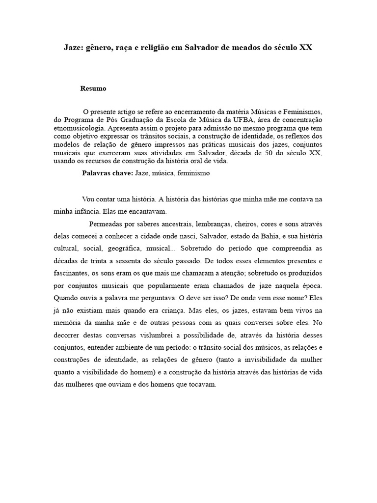 Jaze: Música, Gênero e Identidade em Salvador | PDF | Jazz | Gênero
