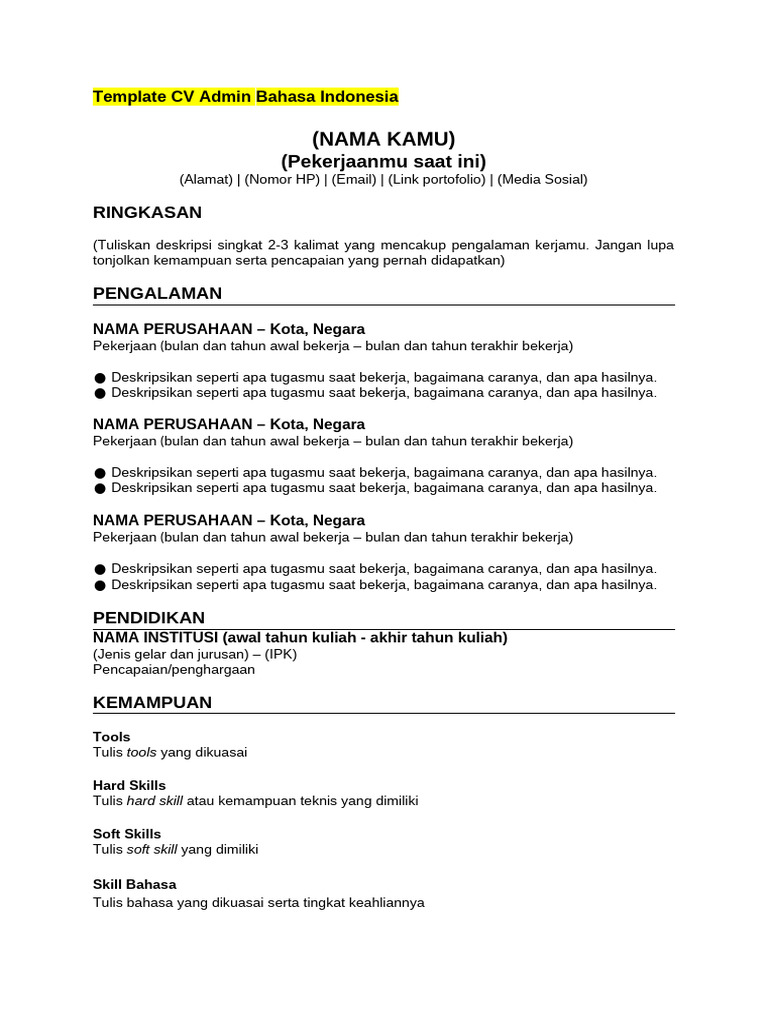 Template CV untuk Posisi Admin | PDF