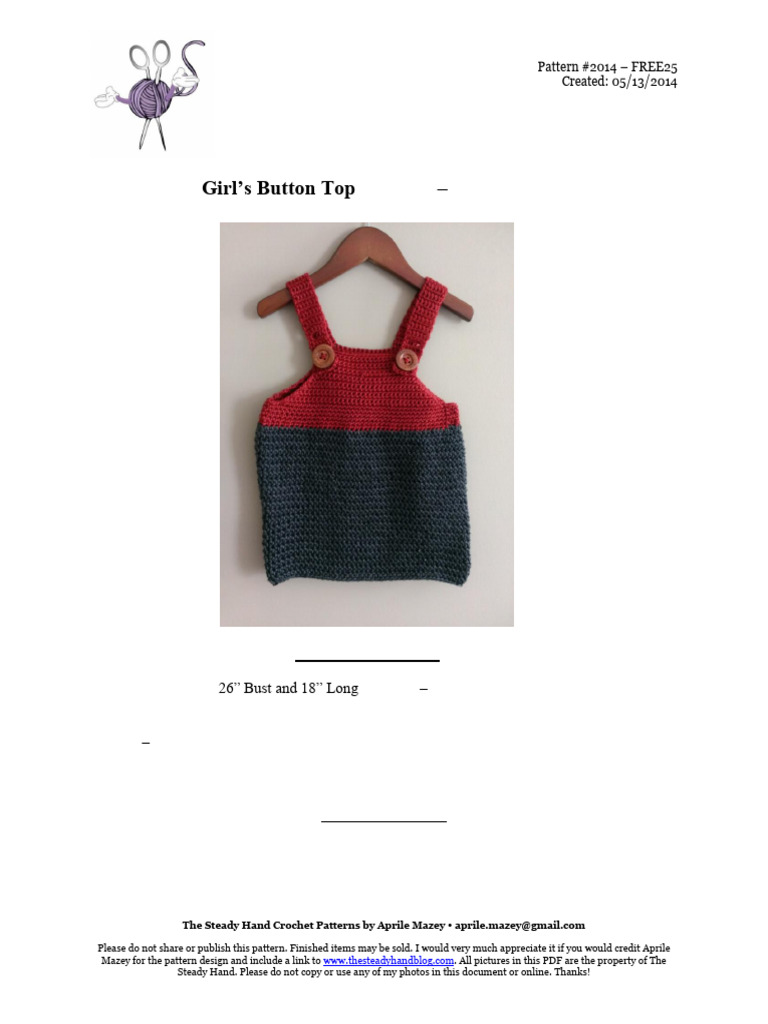 Free Crochet Pattern 25 - Girl's Button Top (Size 6 and 7 – Ages 6-8 ...