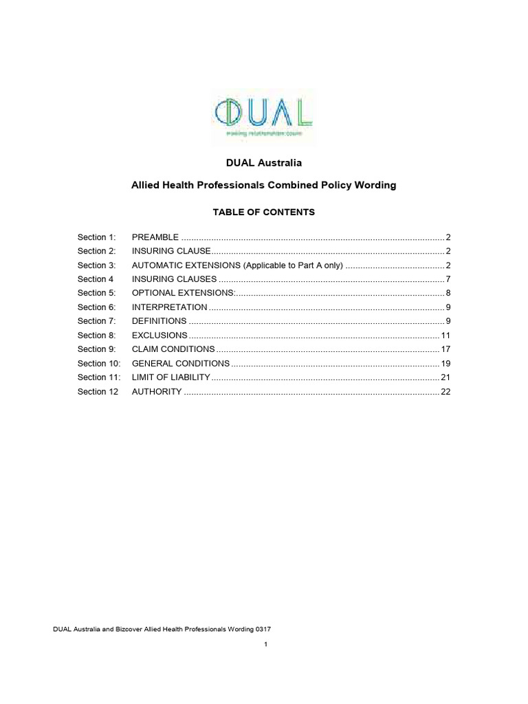 DUAL Australia and Bizcover Allied Health Professionals Wording 0317 ...