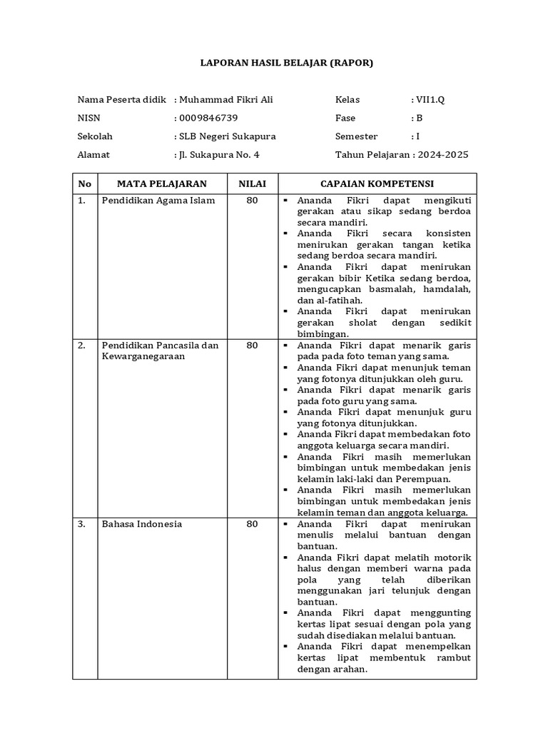 Laporan Hasil Belajar SLB Tunagrahita | PDF