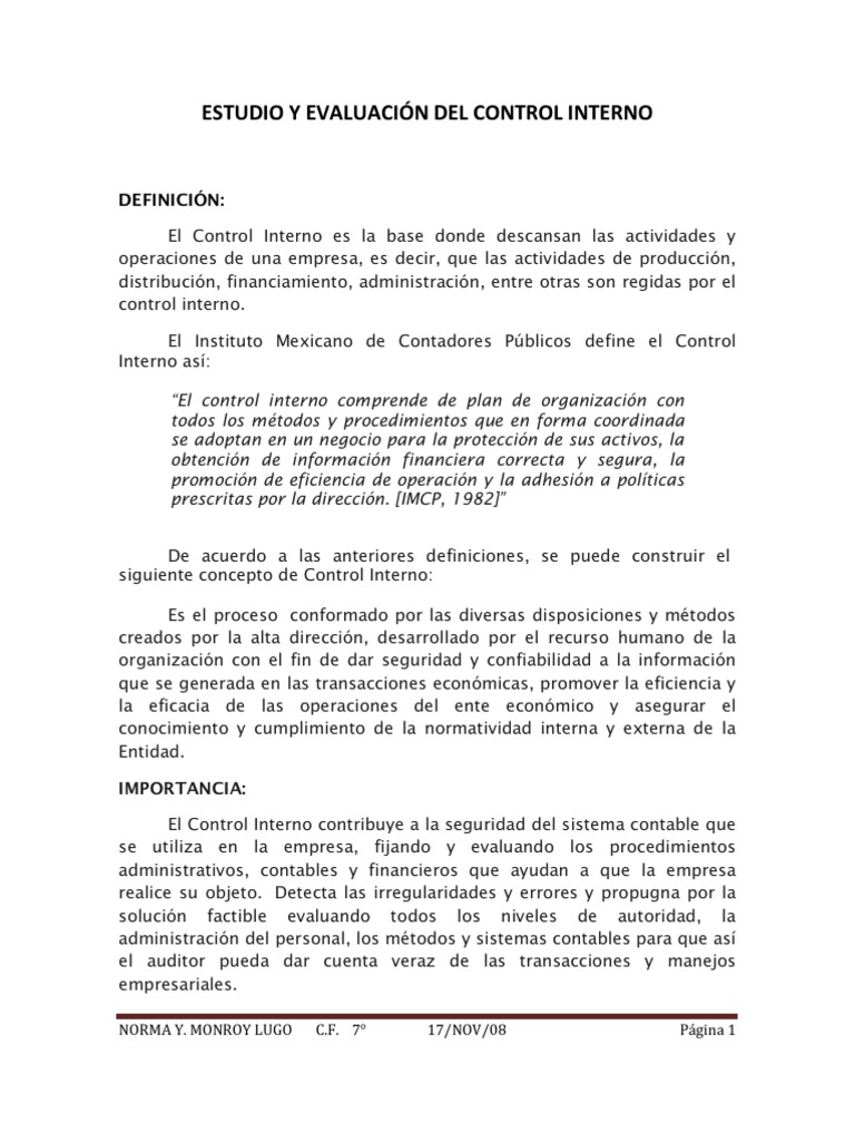 Estudio y Evaluación Del Control Interno | PDF | Auditoría financiera ...