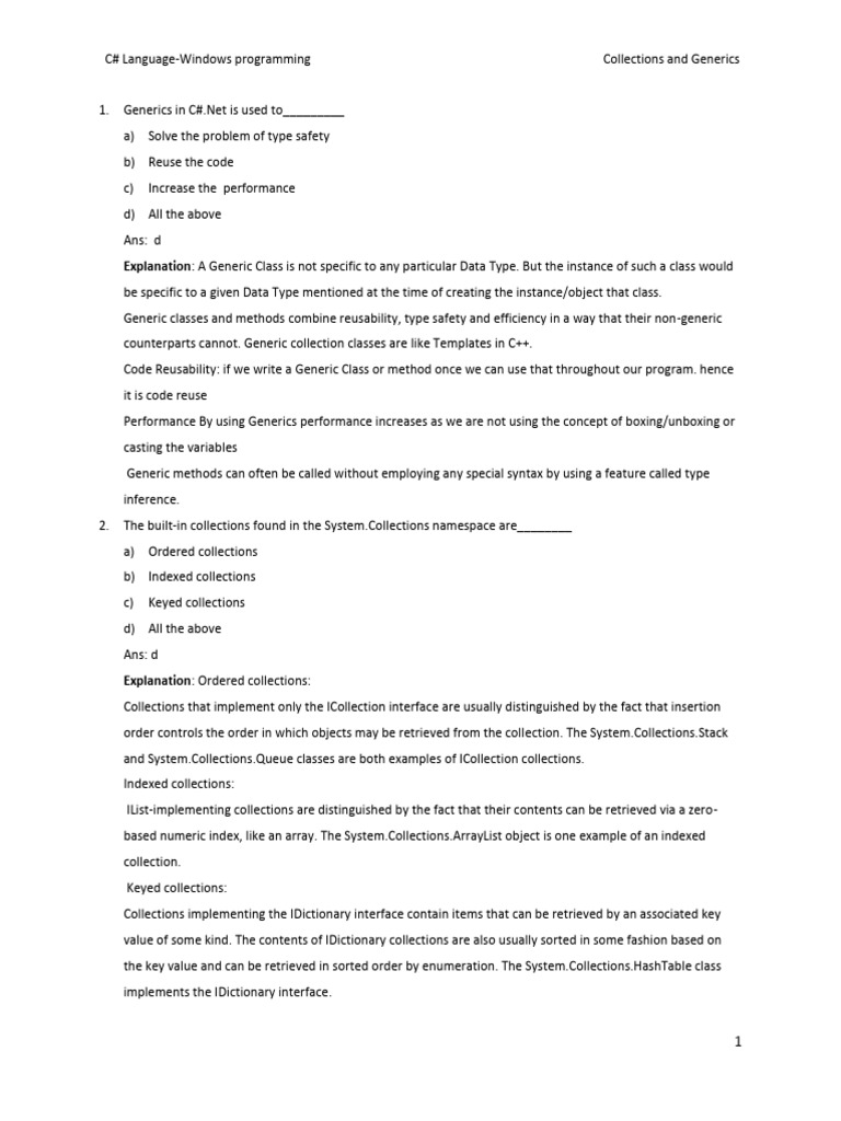 C# Generics and Collections Overview | PDF | C Sharp (Programming ...