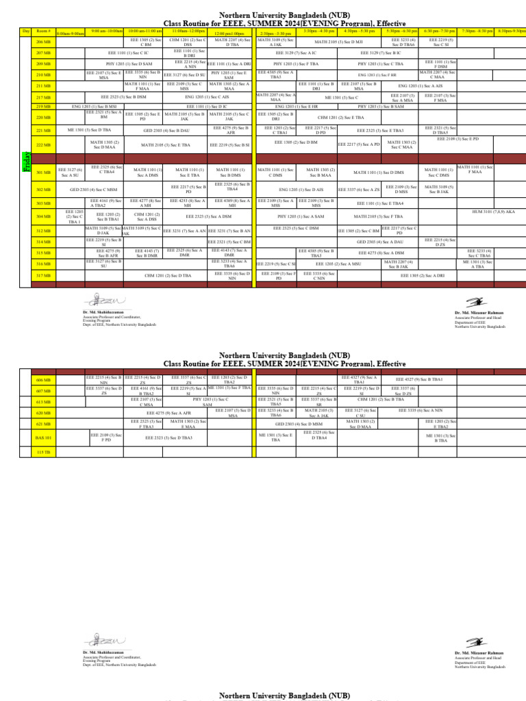 NUB EEEE Evening Class Schedule 2024 | PDF