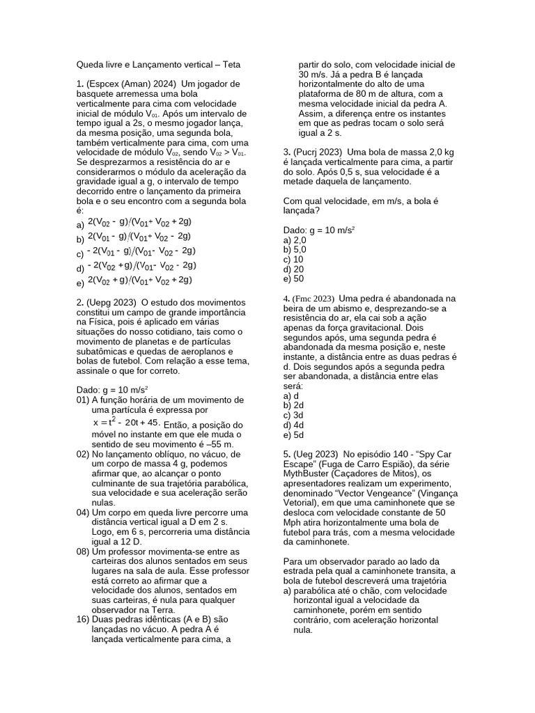 Queda Livre e Lançamento Vertical - Teta - 110221 | PDF | Massa ...