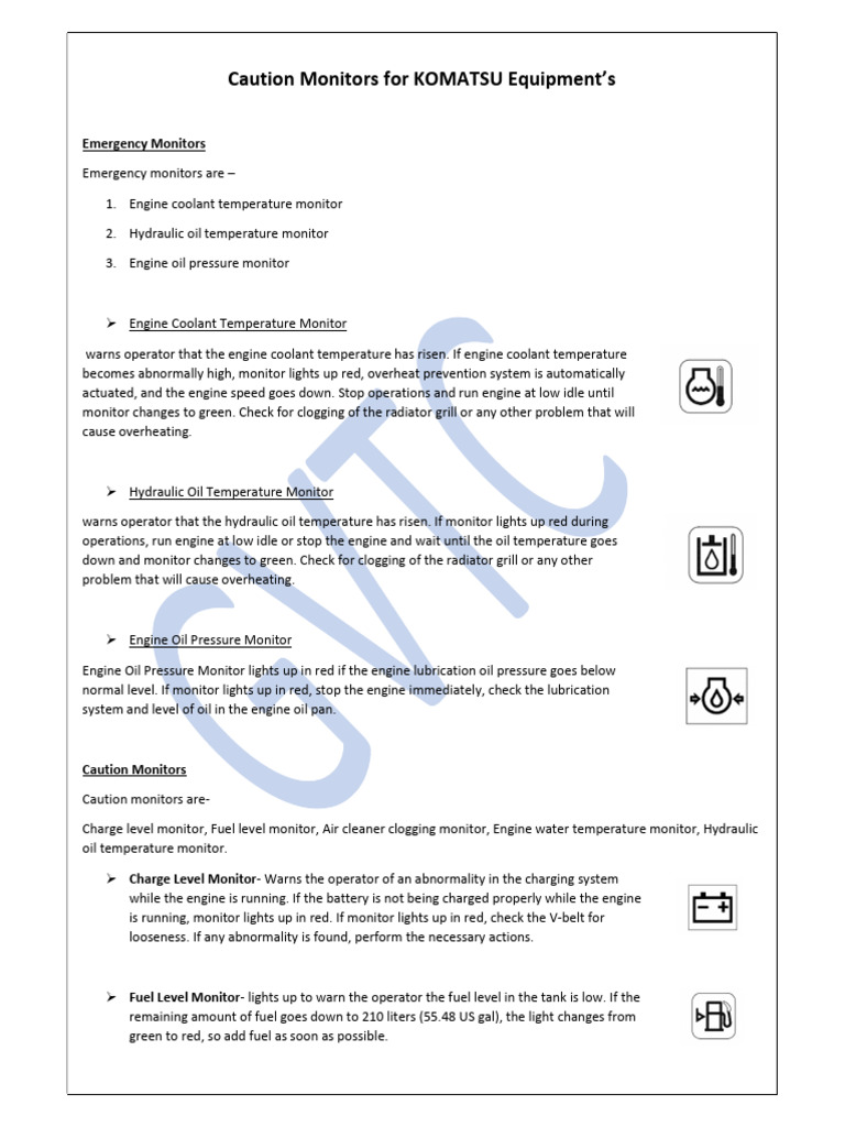 KOMATSU Equipment Caution Monitors Guide | PDF | Oil | Brake