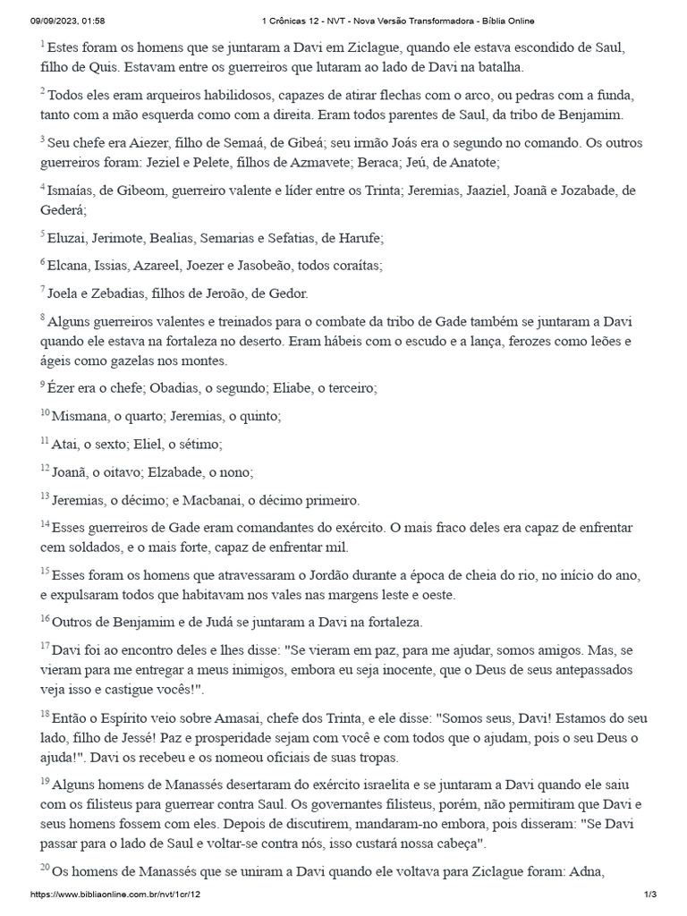1 Crônicas 12 - NVT - Nova Versão Transformadora - Bíblia Online | PDF ...