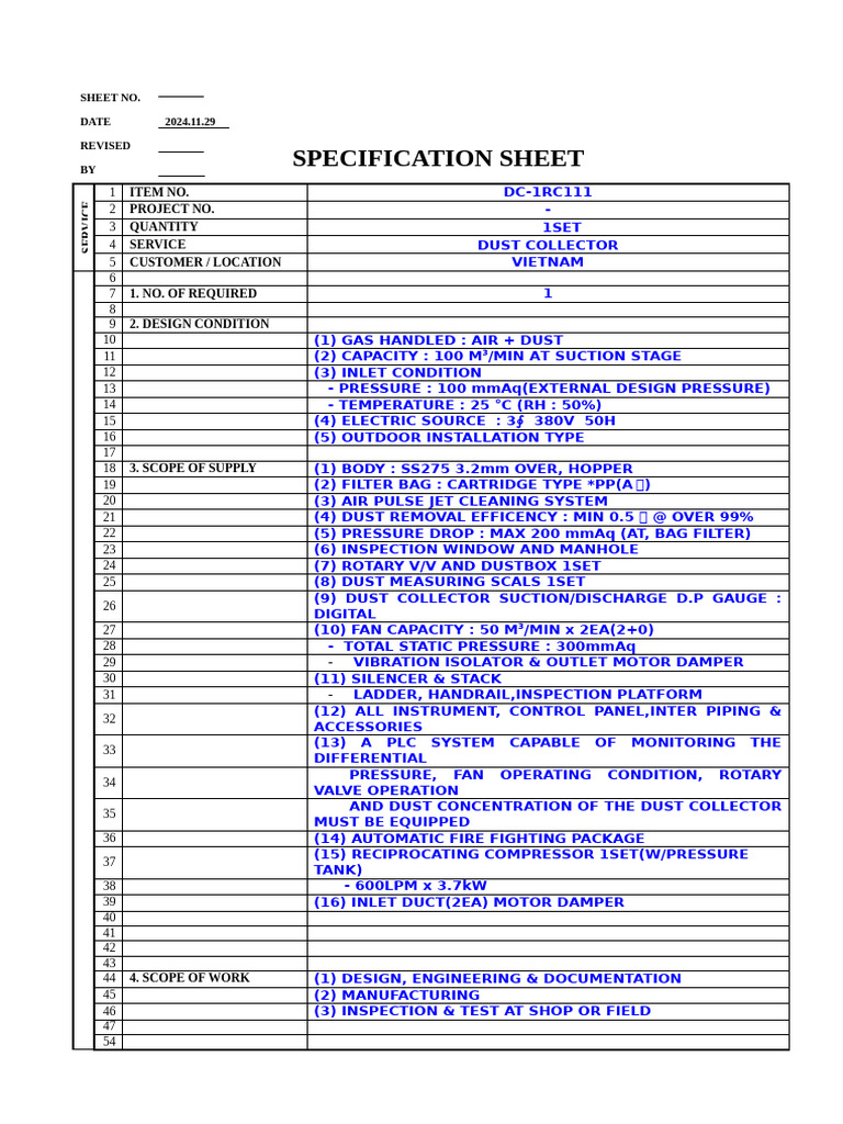 PROJECT PH-1 AFC REV0.1 241129 DUST COLLECTOR_DATASHEET | PDF ...