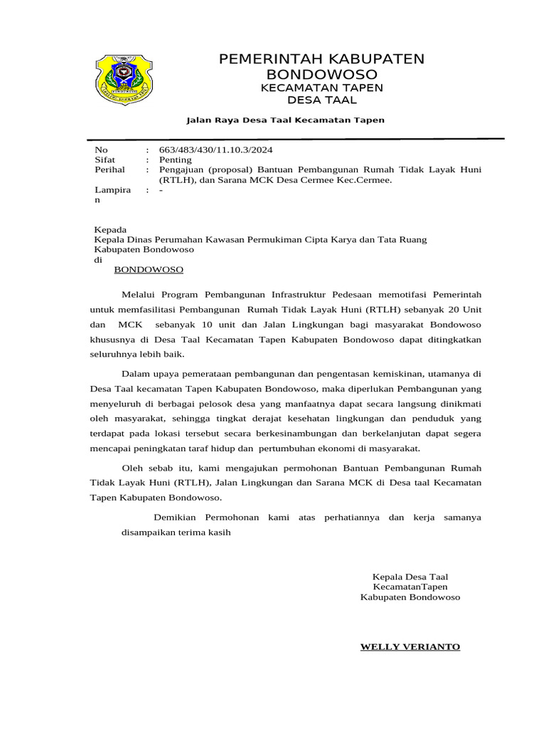 Proposal RTLH dan MCK Desa Taal | PDF