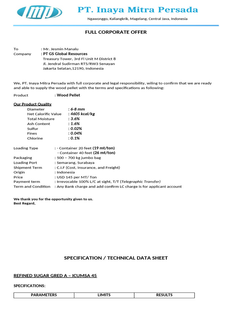 Wood Pellet and Sugar Supply Offer | PDF