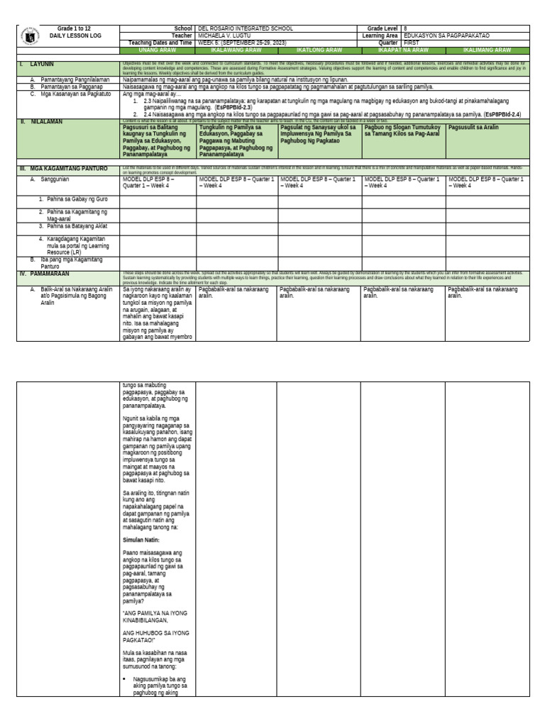 Esp 8 - Q1 Week 5 - Sept 25-29, 2023 | PDF