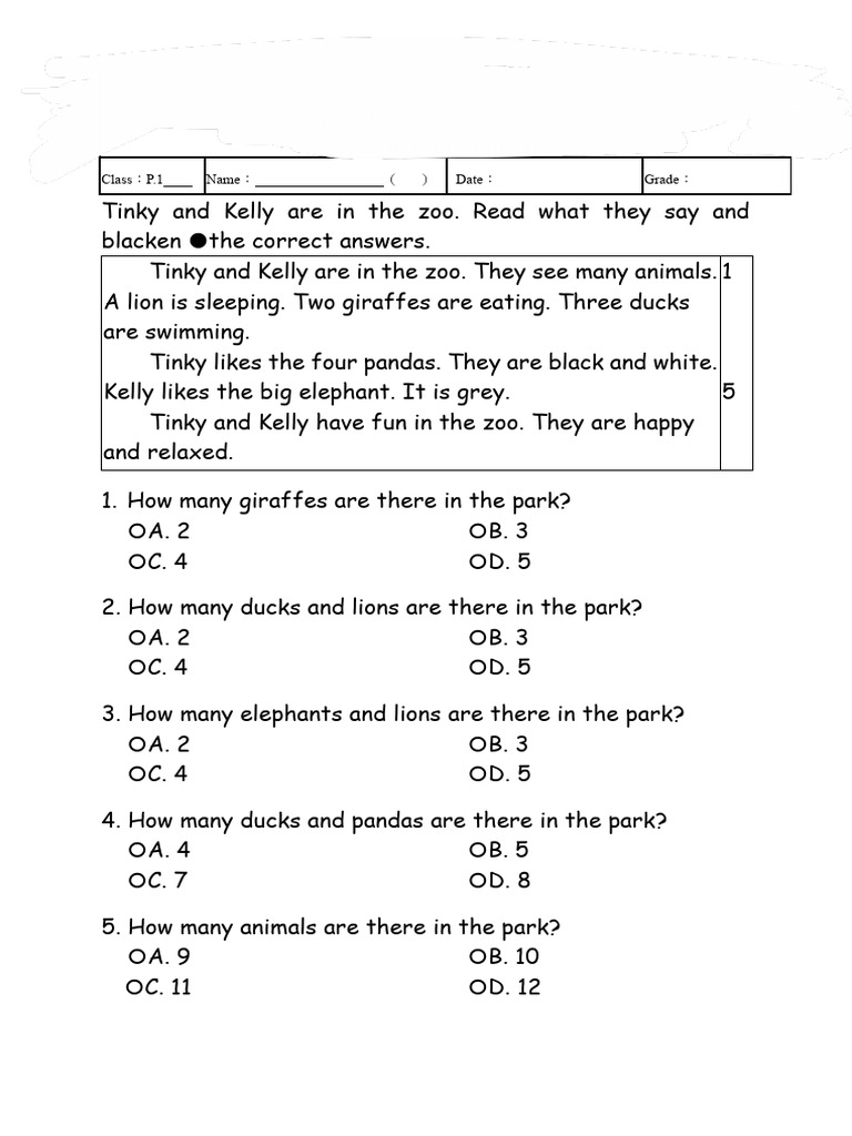 Zoo Animals Reading Comprehension Quiz | PDF