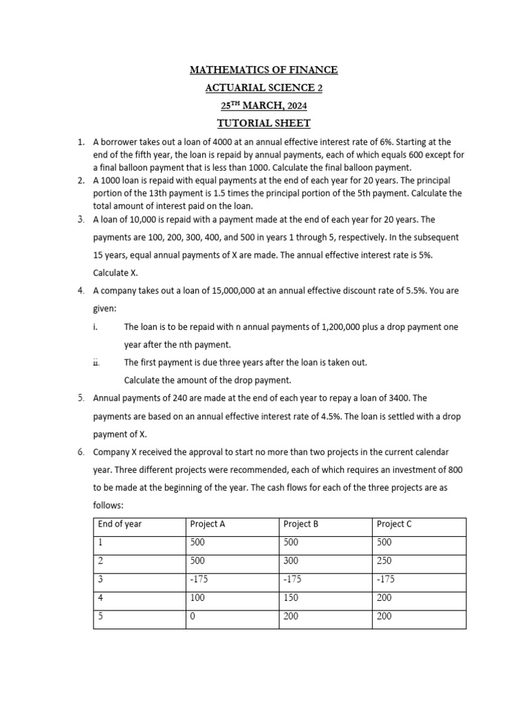Mathematics of Finance I Tutorial Sheet New | PDF | Interest | Debt