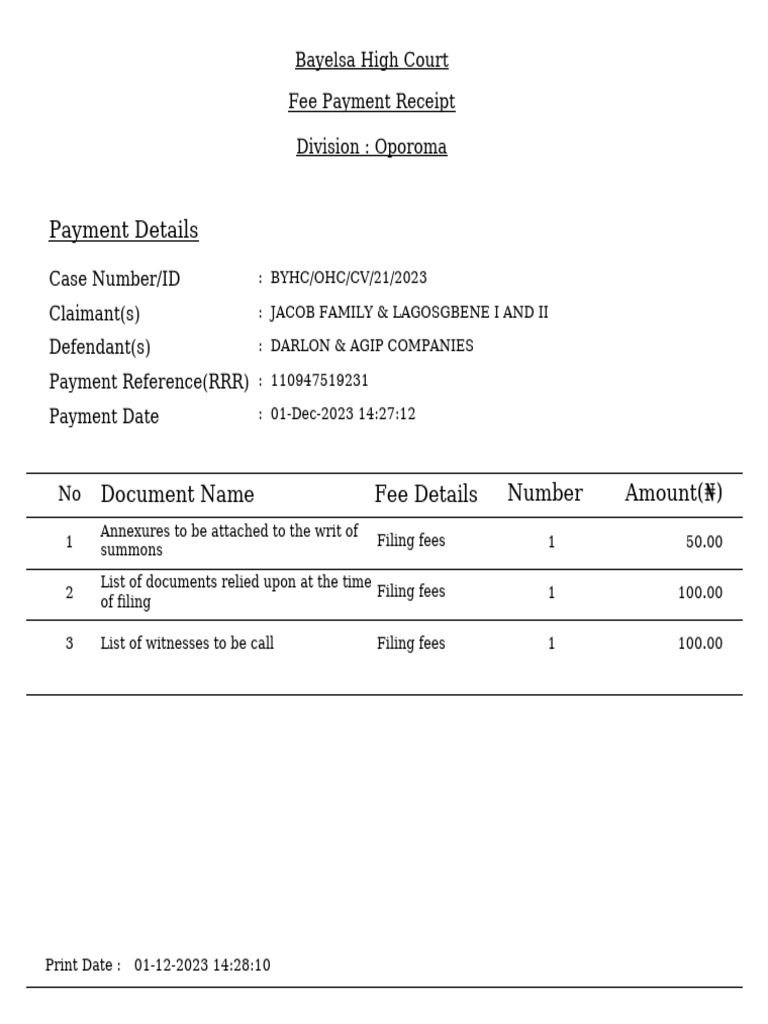 Bayelsa Court Fee Receipt 2023 | PDF