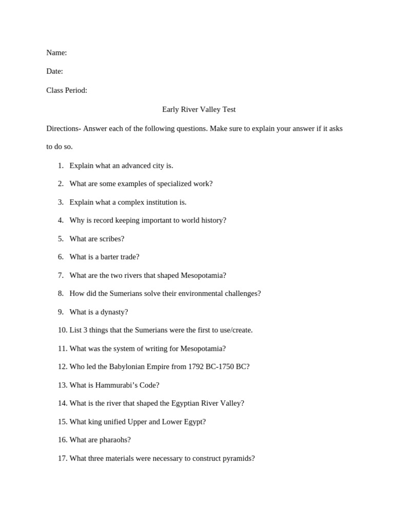 Early River Valley Civilizations Test | PDF