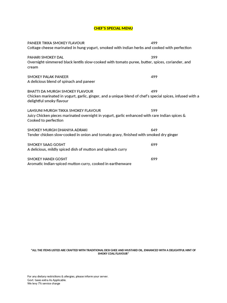 Chef's Smoky Flavors Menu | PDF | Indian Cuisine | Curry