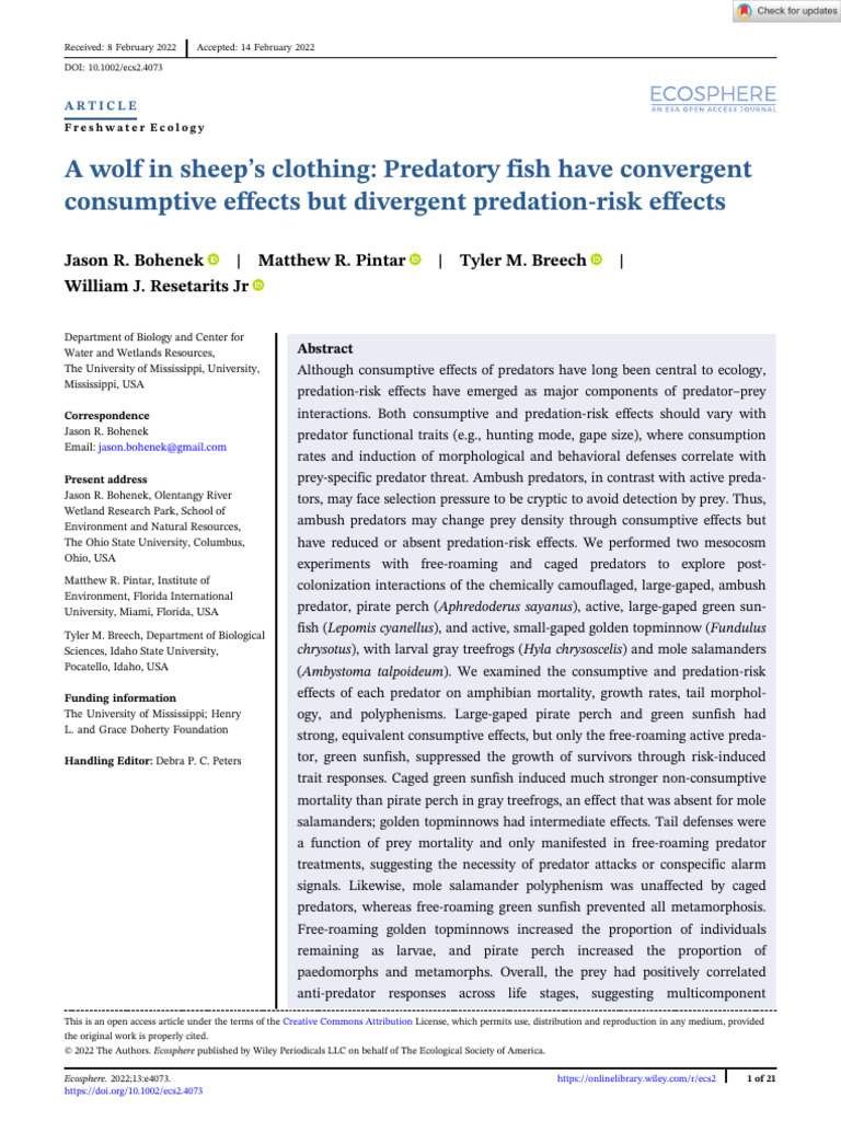 Ecosphere - 2022 - Bohenek - A Wolf in Sheep S Clothing Predatory Fish ...