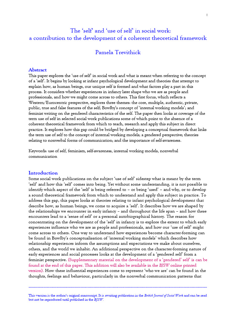 Theoretical Framework for 'Use of Self' in Social Work | PDF ...