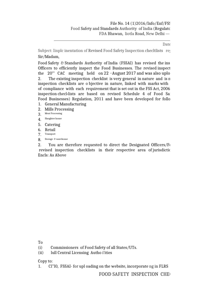 Revised FSSAI Inspection Checklists | PDF | Food Safety | Hygiene