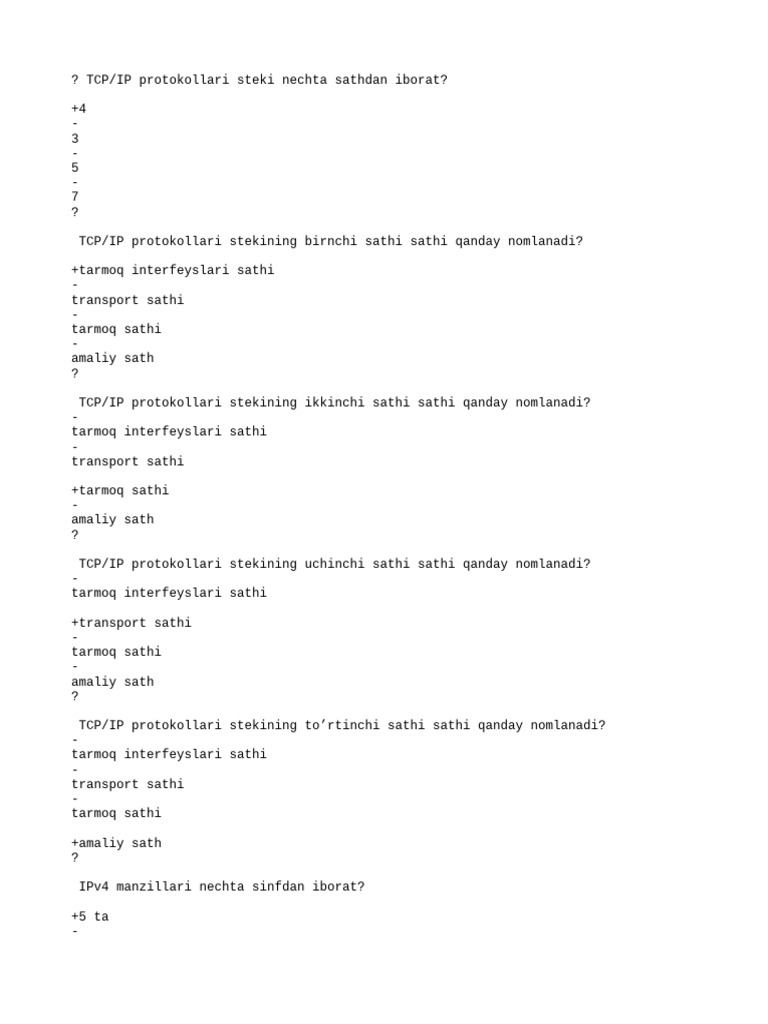 Kompyuter Tarmoqlari Hemisga Test 250 Ta PDF