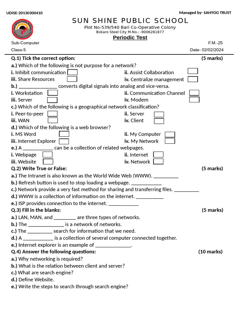 Class 5 Computer Periodic Test 2024 | PDF | Computer Network | World ...