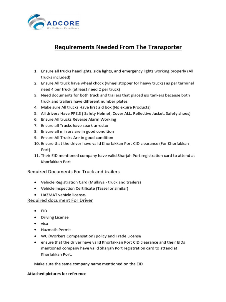 Transporter Requirements for Sharjah Port | PDF