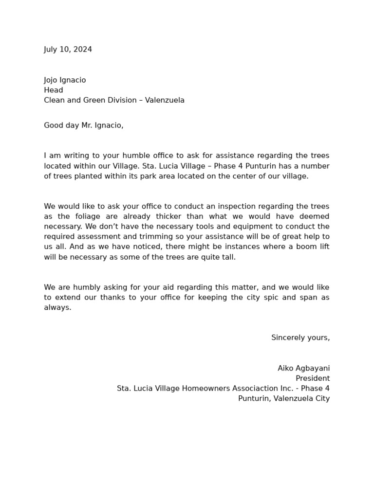 Tree Inspection Request for Sta. Lucia Village | PDF