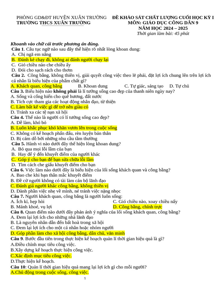 Đề GDCD cuối kì 1 | PDF