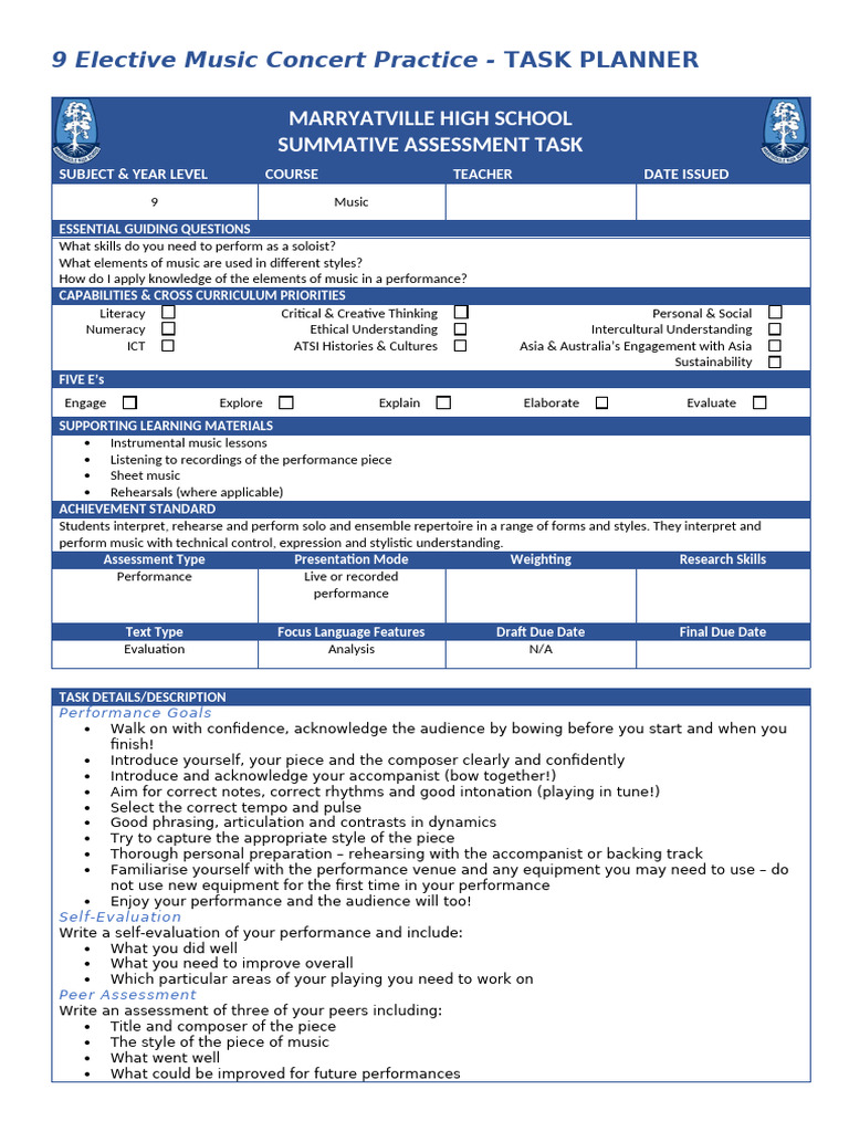 9th Grade Music Concert Task Planner | PDF | Cognition | Learning