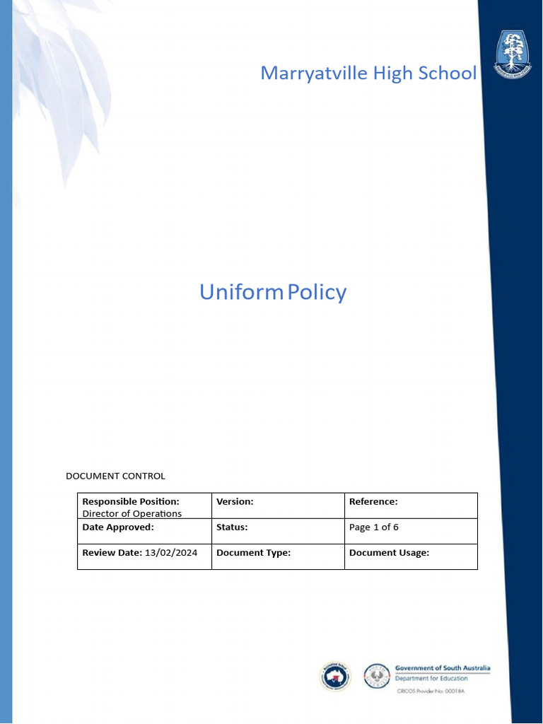 Marryatville High School Uniform Policy | PDF | Shoe | Sock