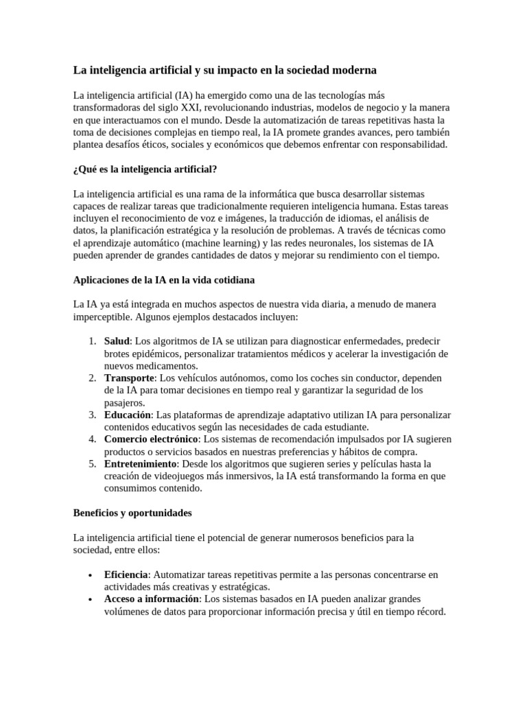 Impacto de la IA en la sociedad moderna | PDF | Inteligencia artificial ...