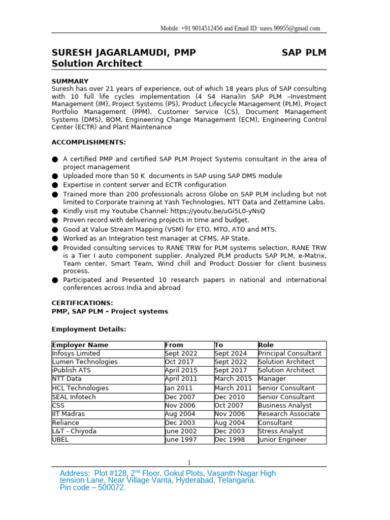 Suresh Jagarlamudi: SAP PLM Consultant Profile | PDF | Product ...