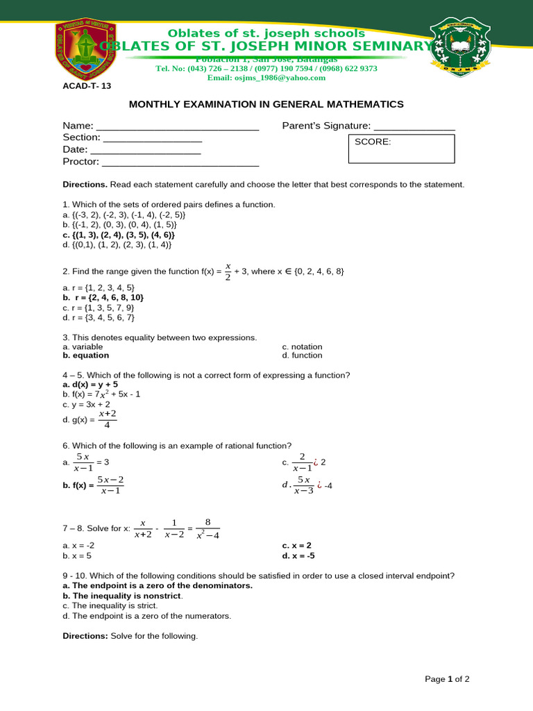 1st Monthly Test in Math 11 | PDF | Function (Mathematics) | Algebra