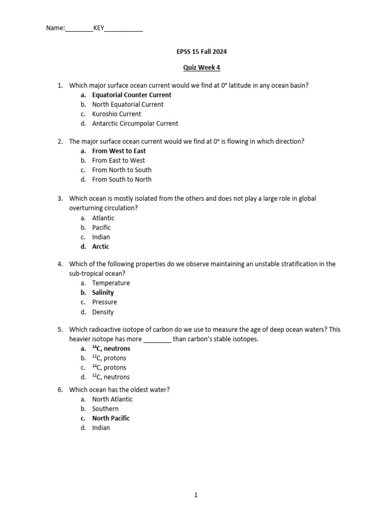 Quiz - Week4 - Key EPS SCI 15 UCLA | PDF | Oceans | Plankton