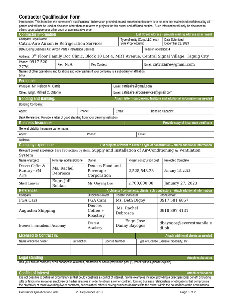 Contractor Qualification Form | PDF | Business | Private Law