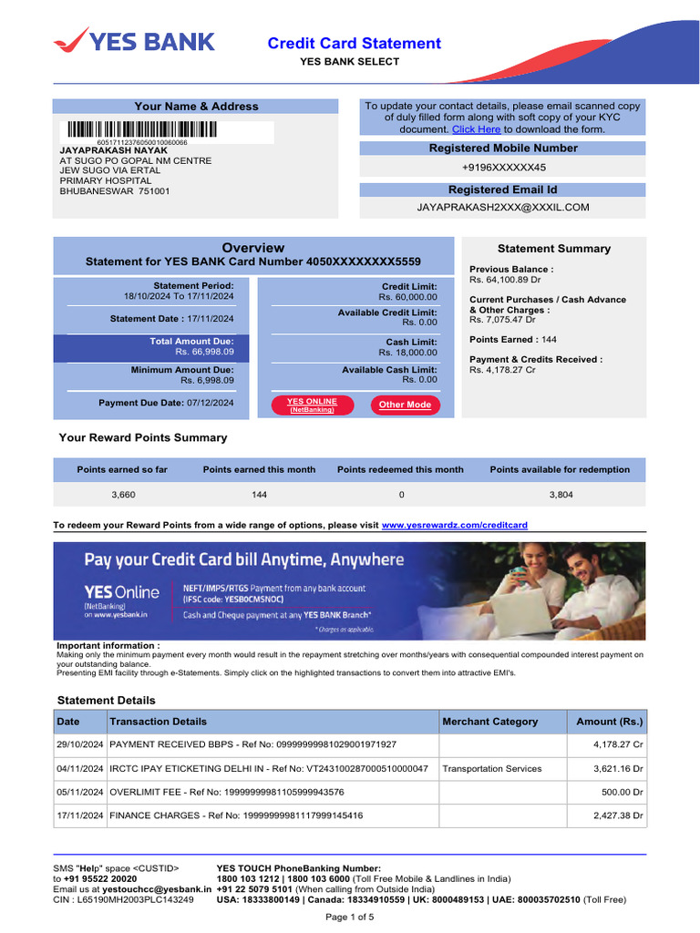 YES BANK Credit Card Statement Overview | PDF | Credit Card | Service ...